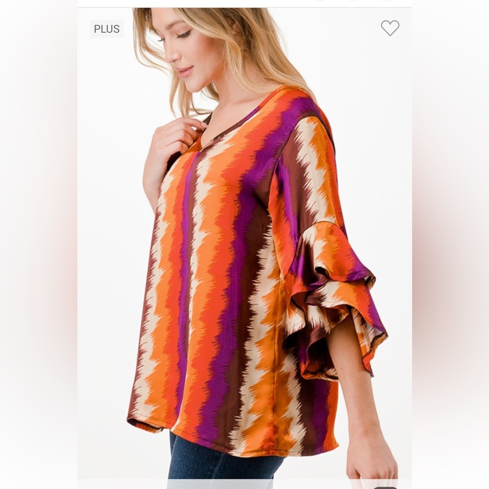 Crepas V-Neck Orange, Brown, Ivory, Purple Ruffle Sleeve Top